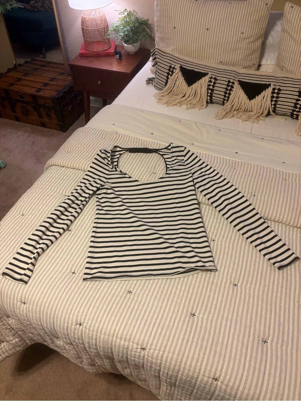 Victoria's Secret Black & White Striped Long-Sleeve Scoop Neck Top